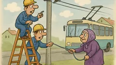Виц: Двама ремонтират жиците на тролея
