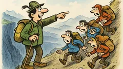 Виц: Планински водач води туристи по склон